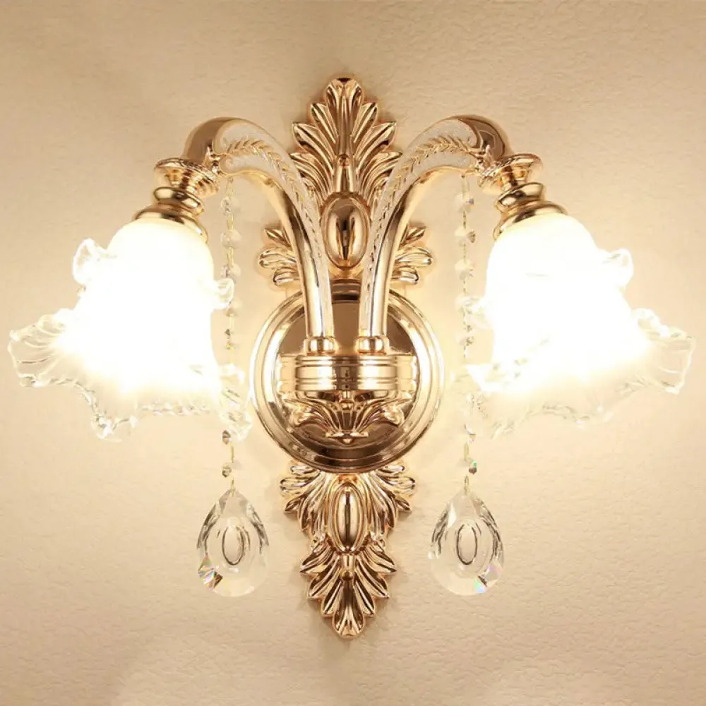 Vintage Silver Wall Sconce with Frosted Glass Blossom Shade and Crystal Deco