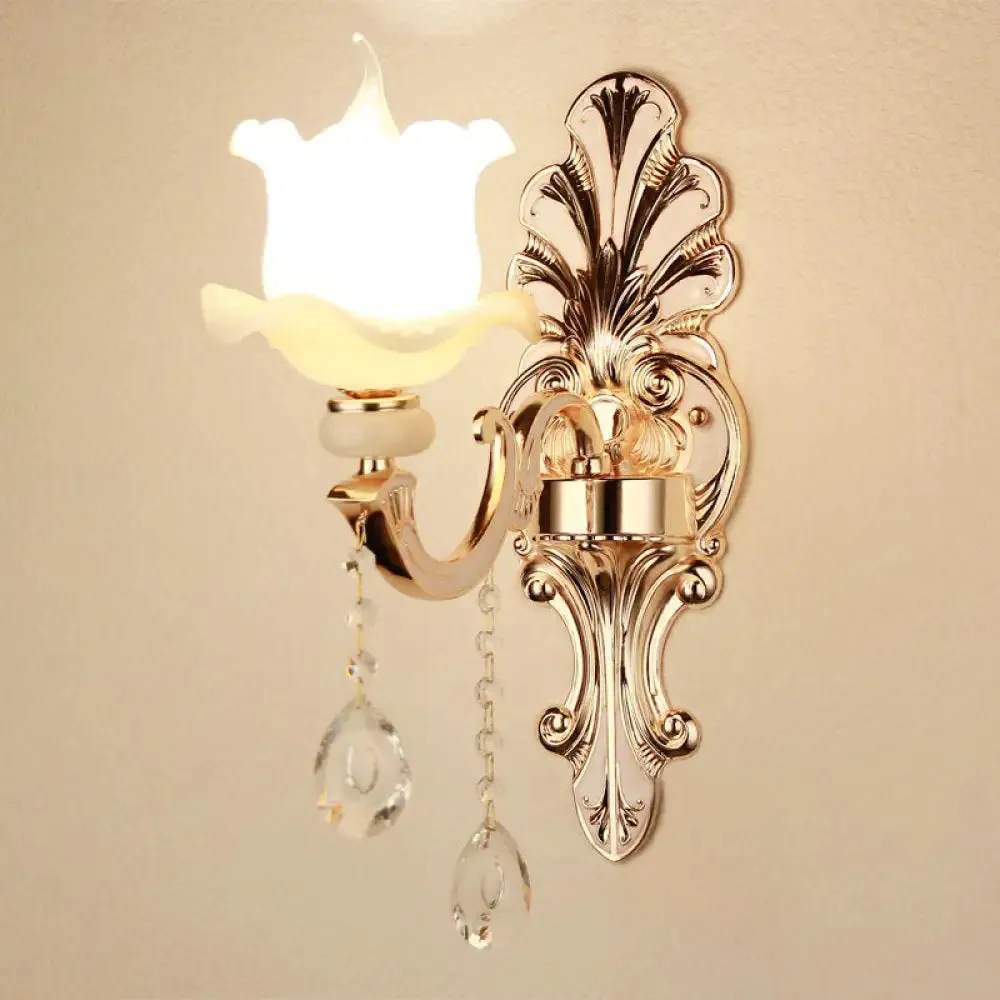 Vintage Silver Wall Sconce with Frosted Glass Blossom Shade and Crystal Deco