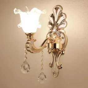 Vintage Silver Wall Sconce with Frosted Glass Blossom Shade and Crystal Deco