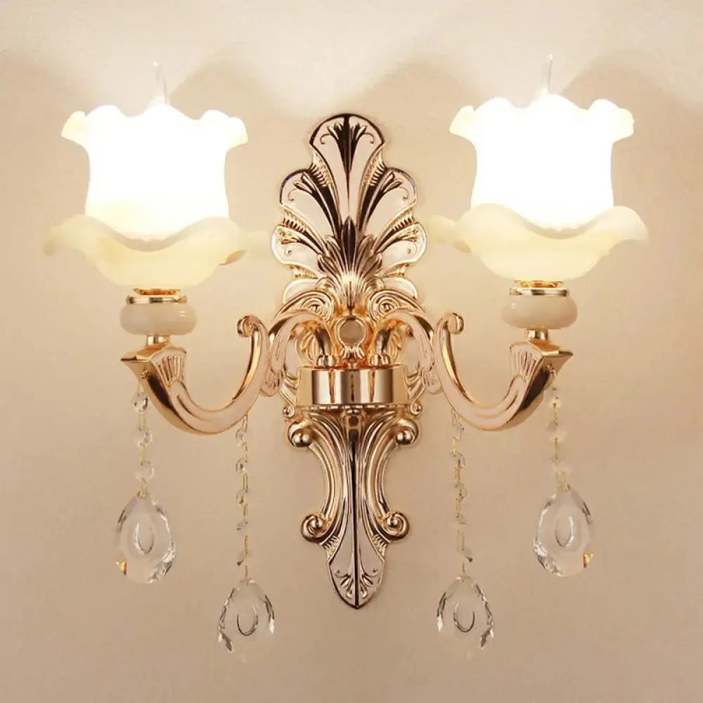 Vintage Silver Wall Sconce with Frosted Glass Blossom Shade and Crystal Deco