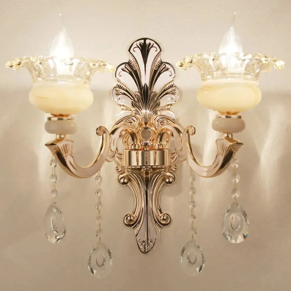 Vintage Silver Wall Sconce with Frosted Glass Blossom Shade and Crystal Deco