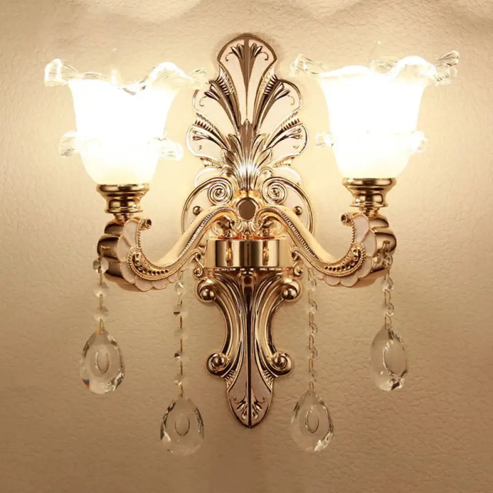 Vintage Silver Wall Sconce with Frosted Glass Blossom Shade and Crystal Deco