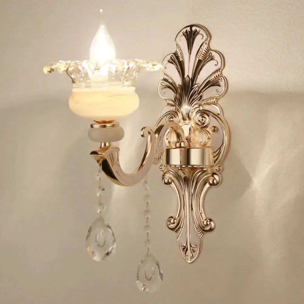 Vintage Silver Wall Sconce with Frosted Glass Blossom Shade and Crystal Deco