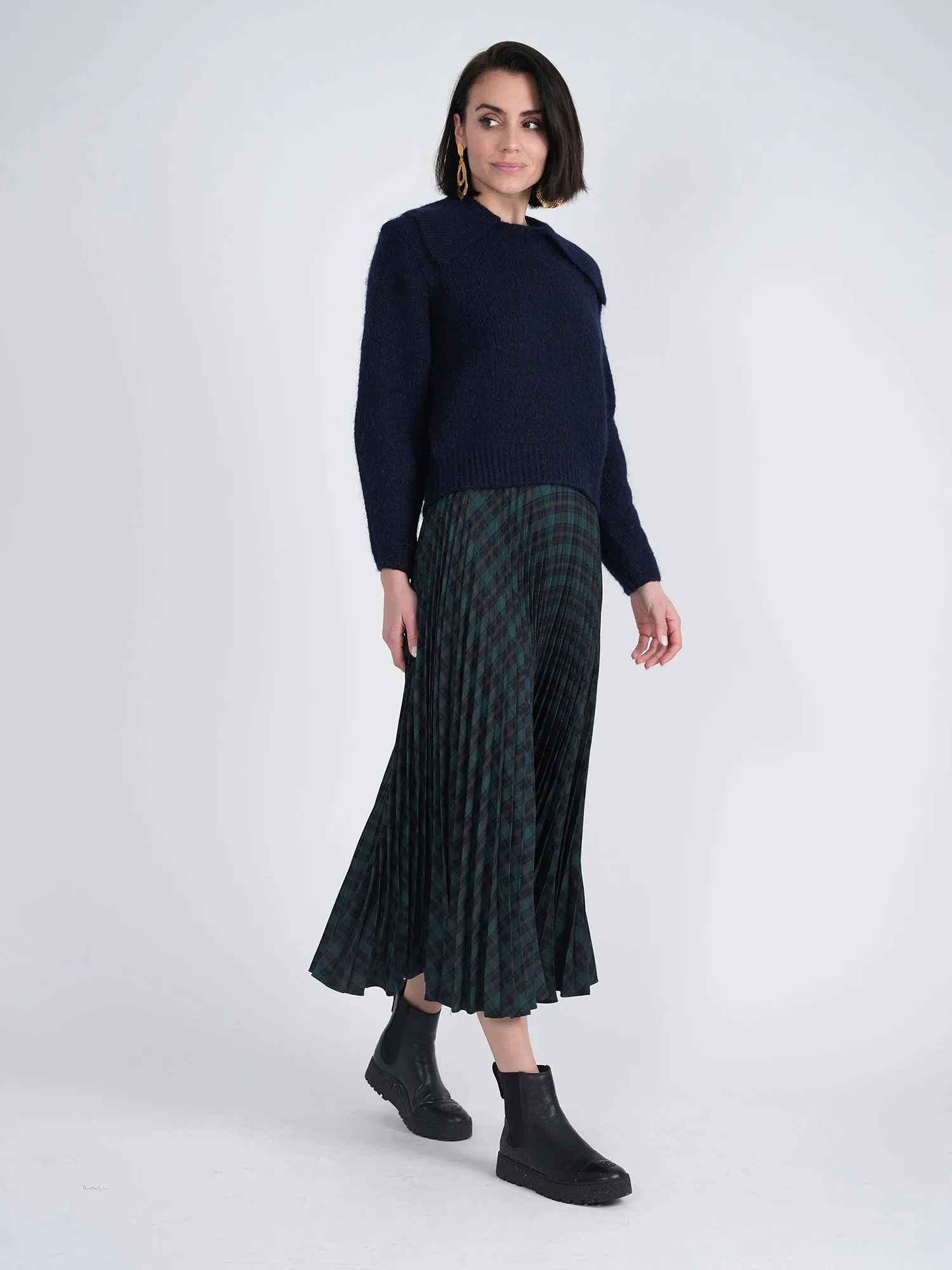 Viva K Accordion Pleated Plaid Midi Skirt