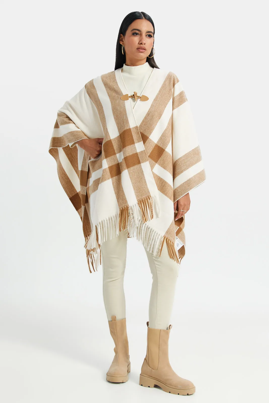 Women Beige And White Checked Poncho