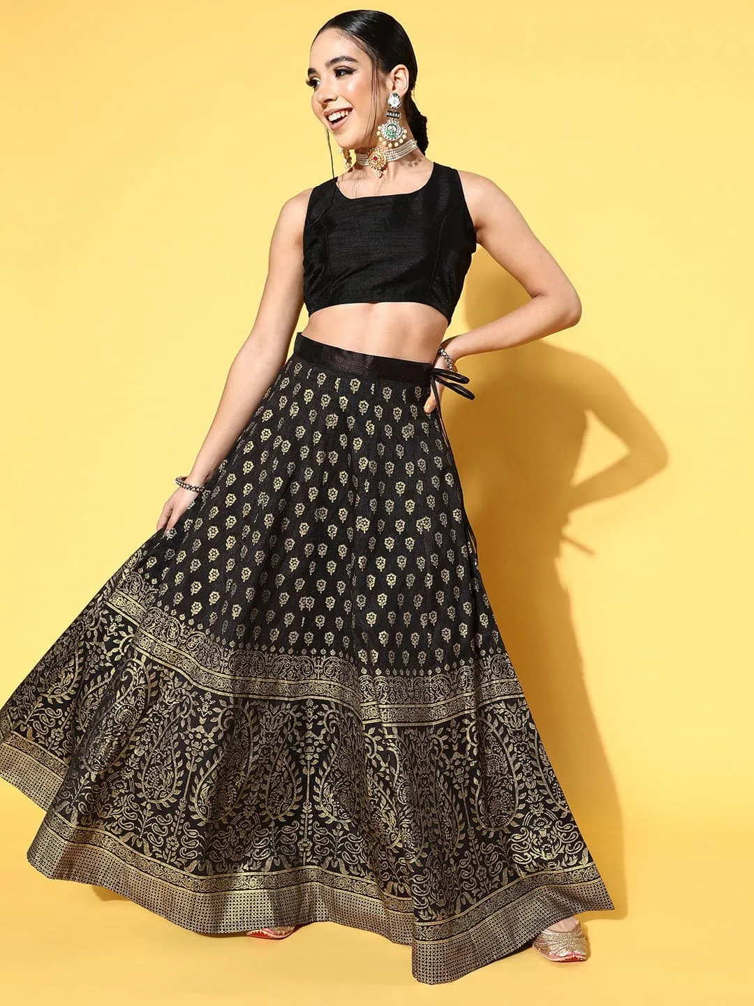 Women Black Crop Top With Paisley Foil Anarkali Skirt