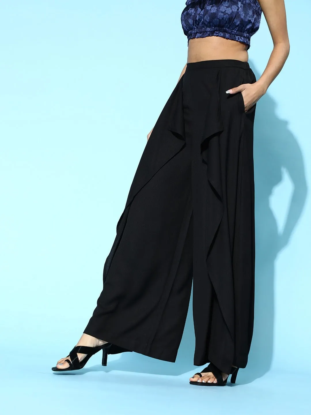 Women Black Front Frill Pants