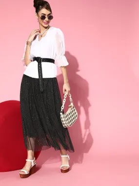 Women Black Mesh Lurex Maxi Skirt