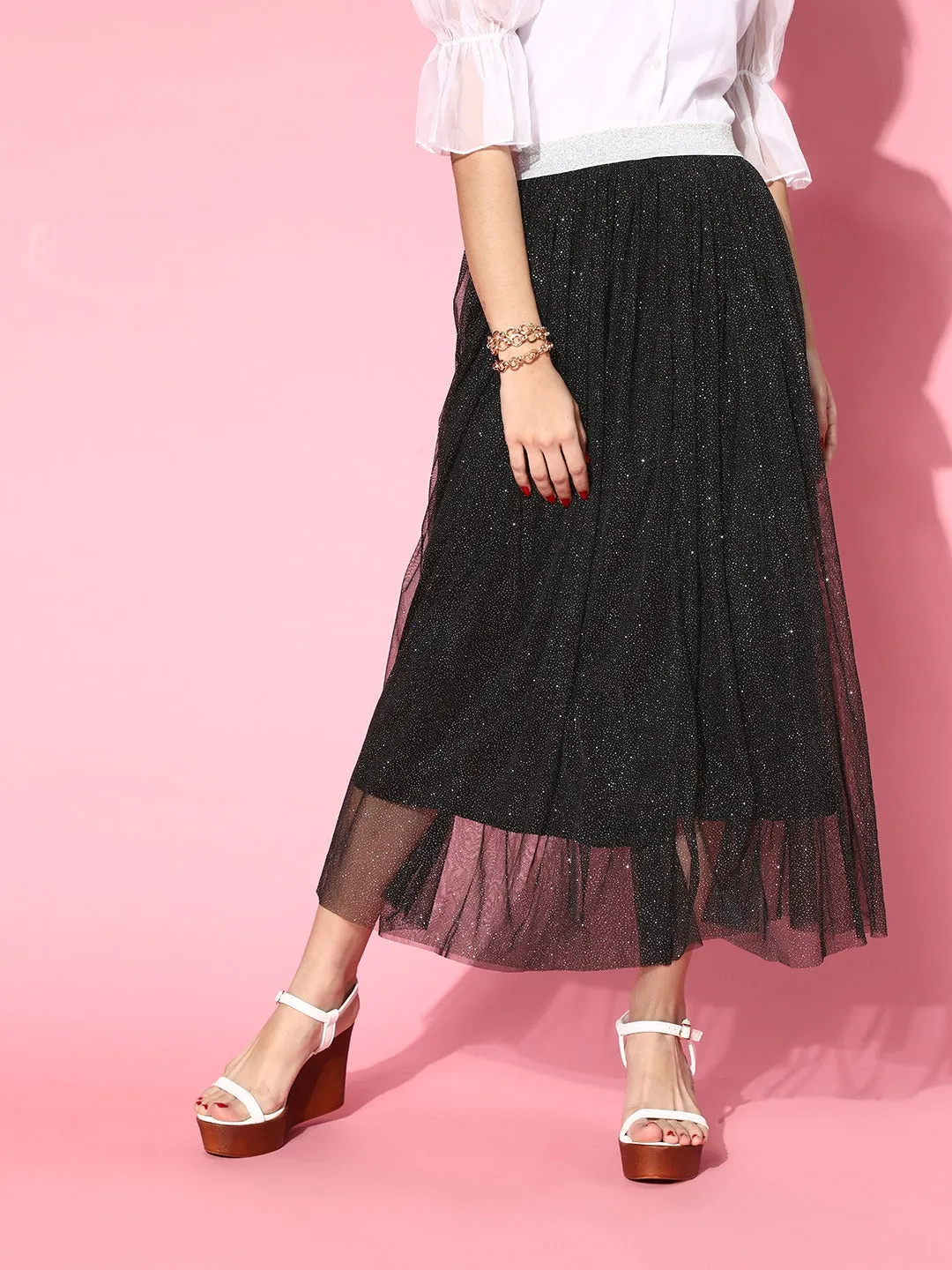 Women Black Mesh Lurex Maxi Skirt