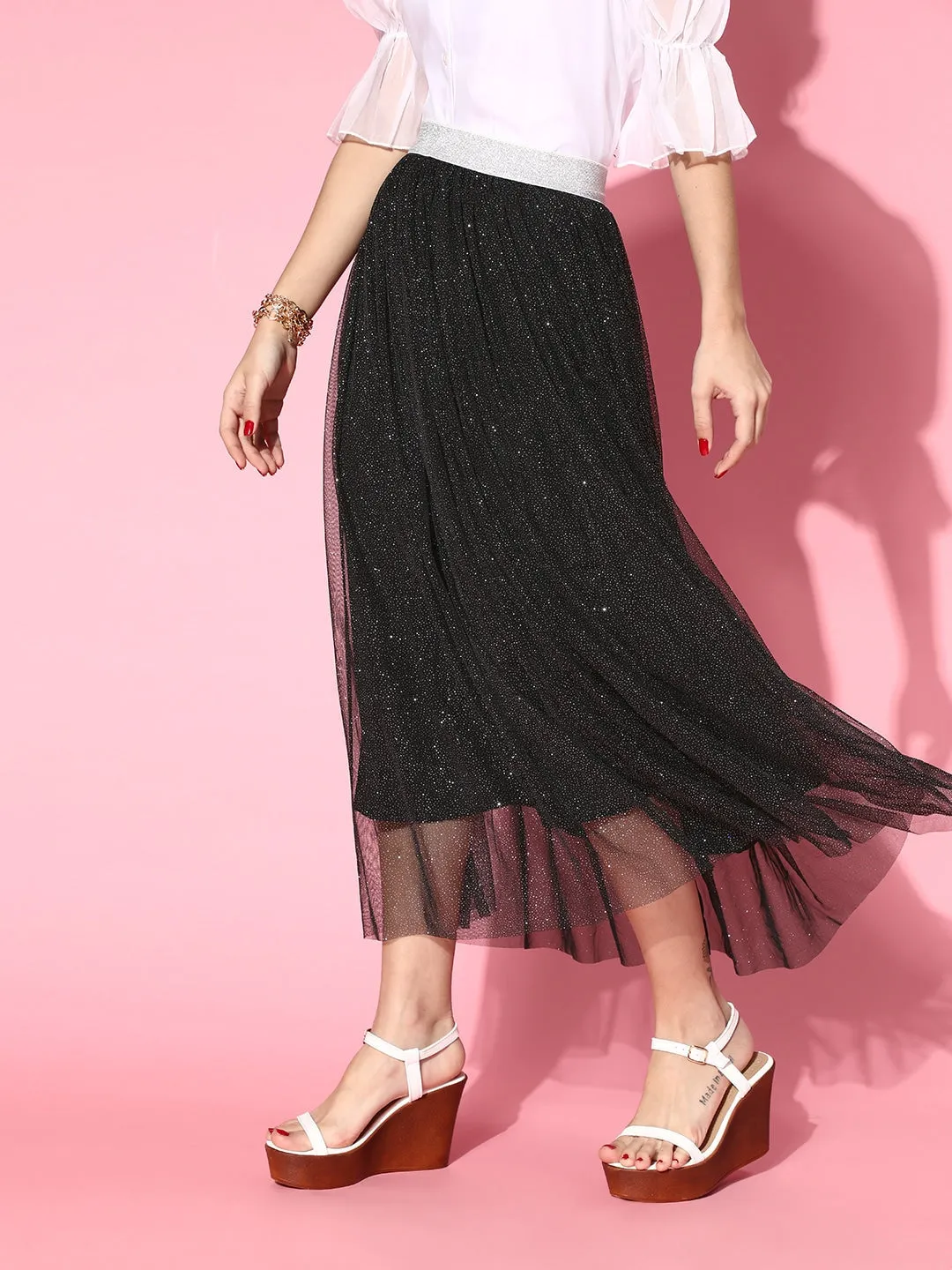 Women Black Mesh Lurex Maxi Skirt