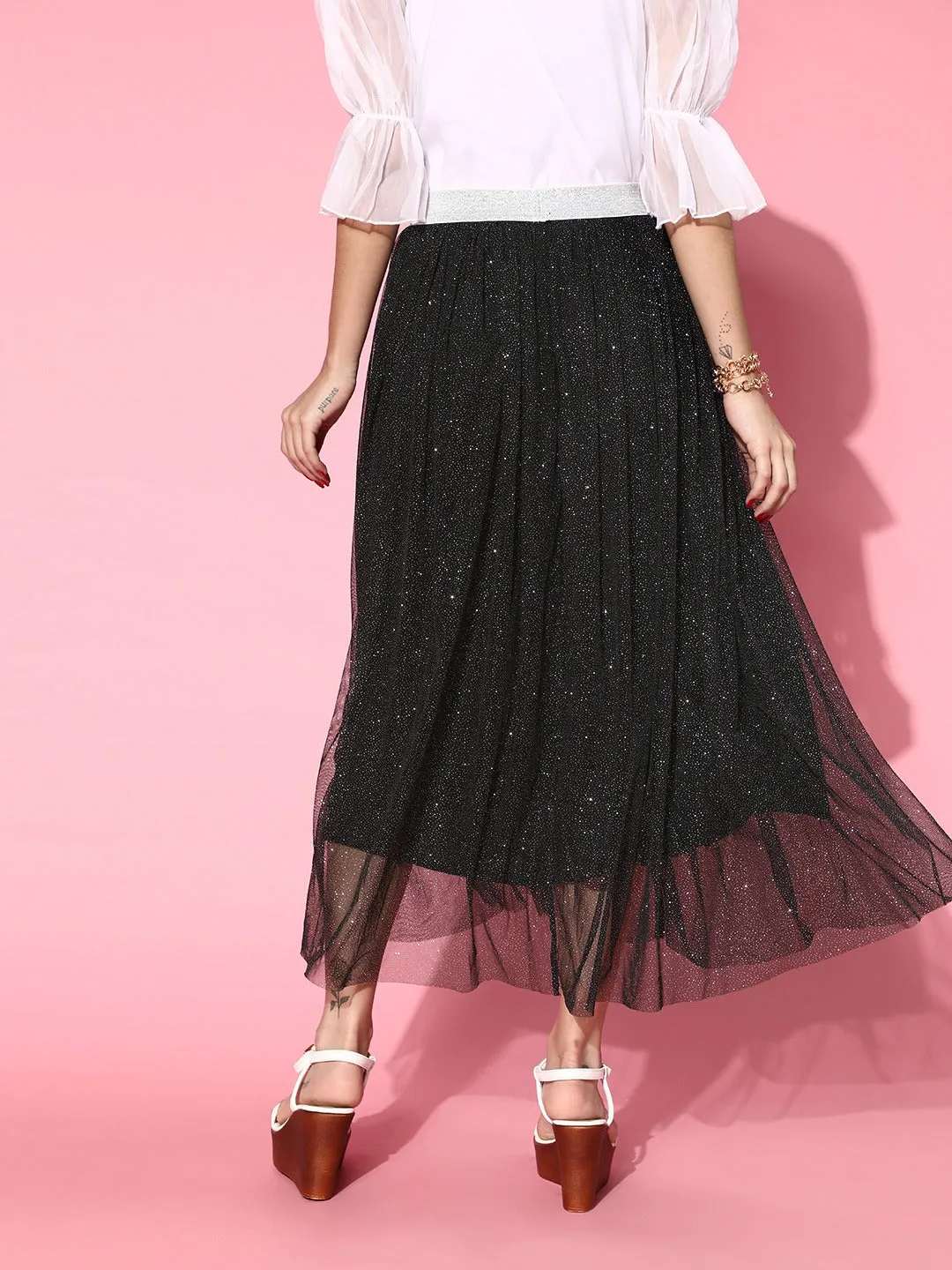 Women Black Mesh Lurex Maxi Skirt