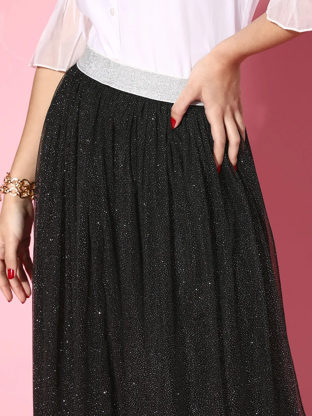 Women Black Mesh Lurex Maxi Skirt