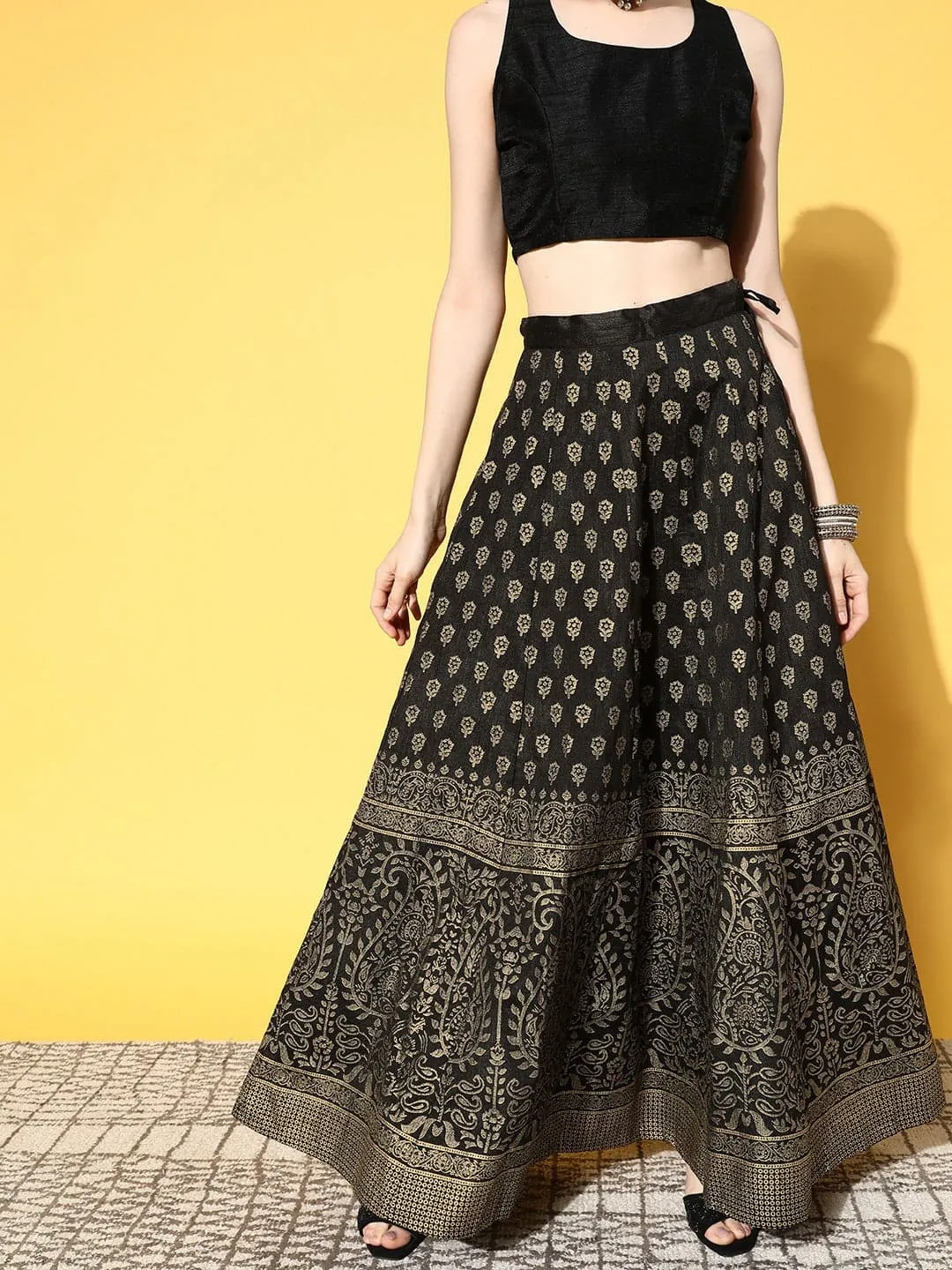 Women Black Paisely Foil Print Anarkali Skirt