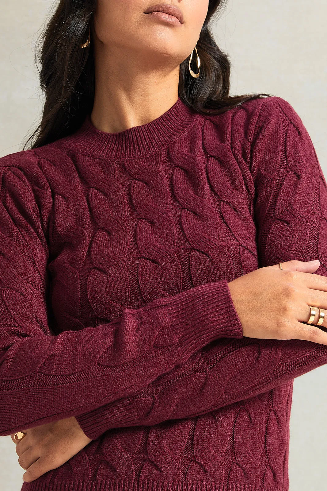 Women  Burgundy Textured Pullover