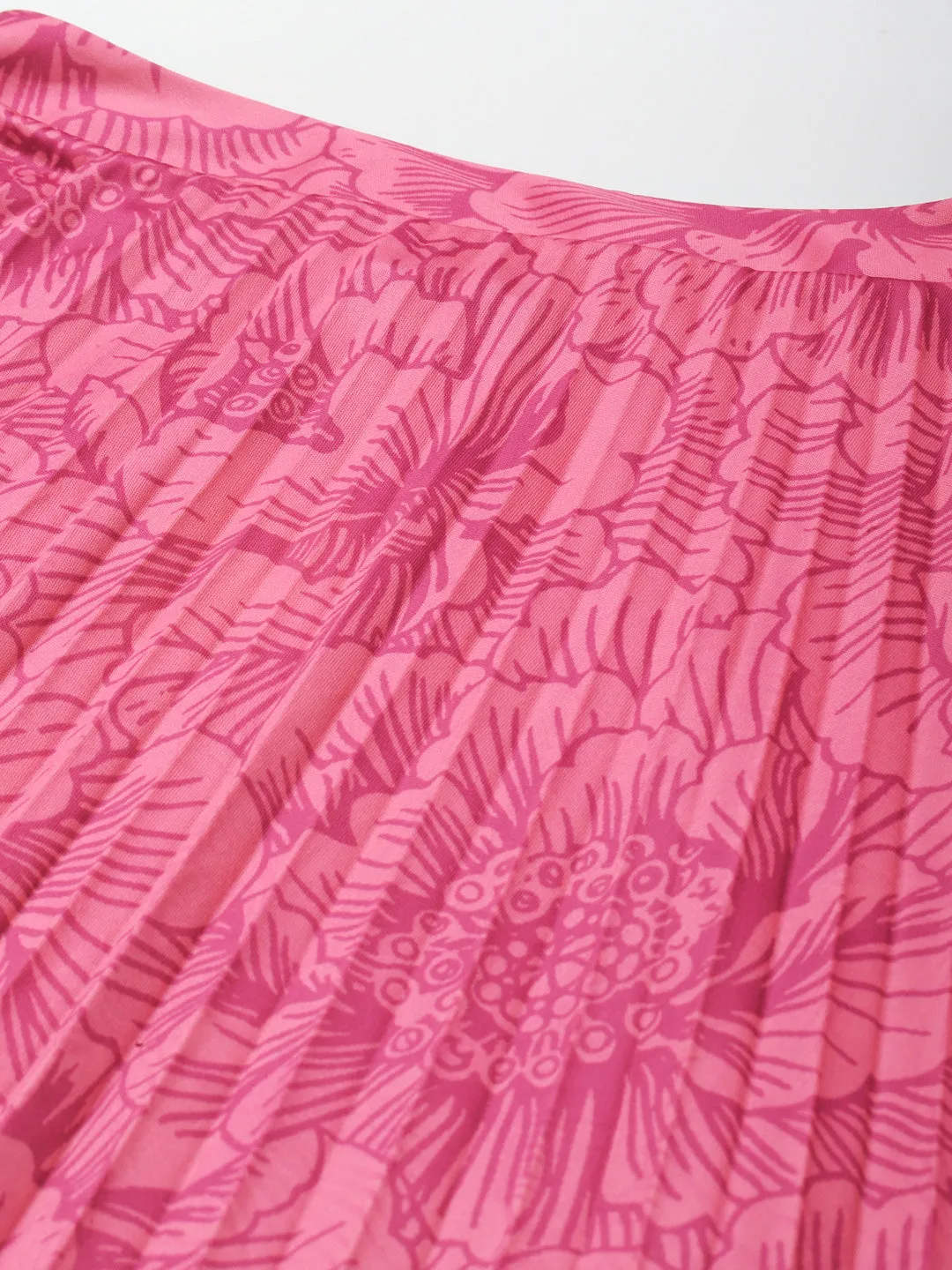 Women Fuchsia Floral Asymmetric Pleated Skirt