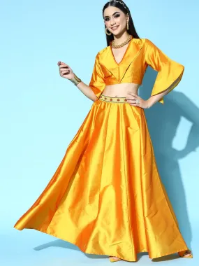 Women Mustard Notched Crop Top With Anarkali Skirt