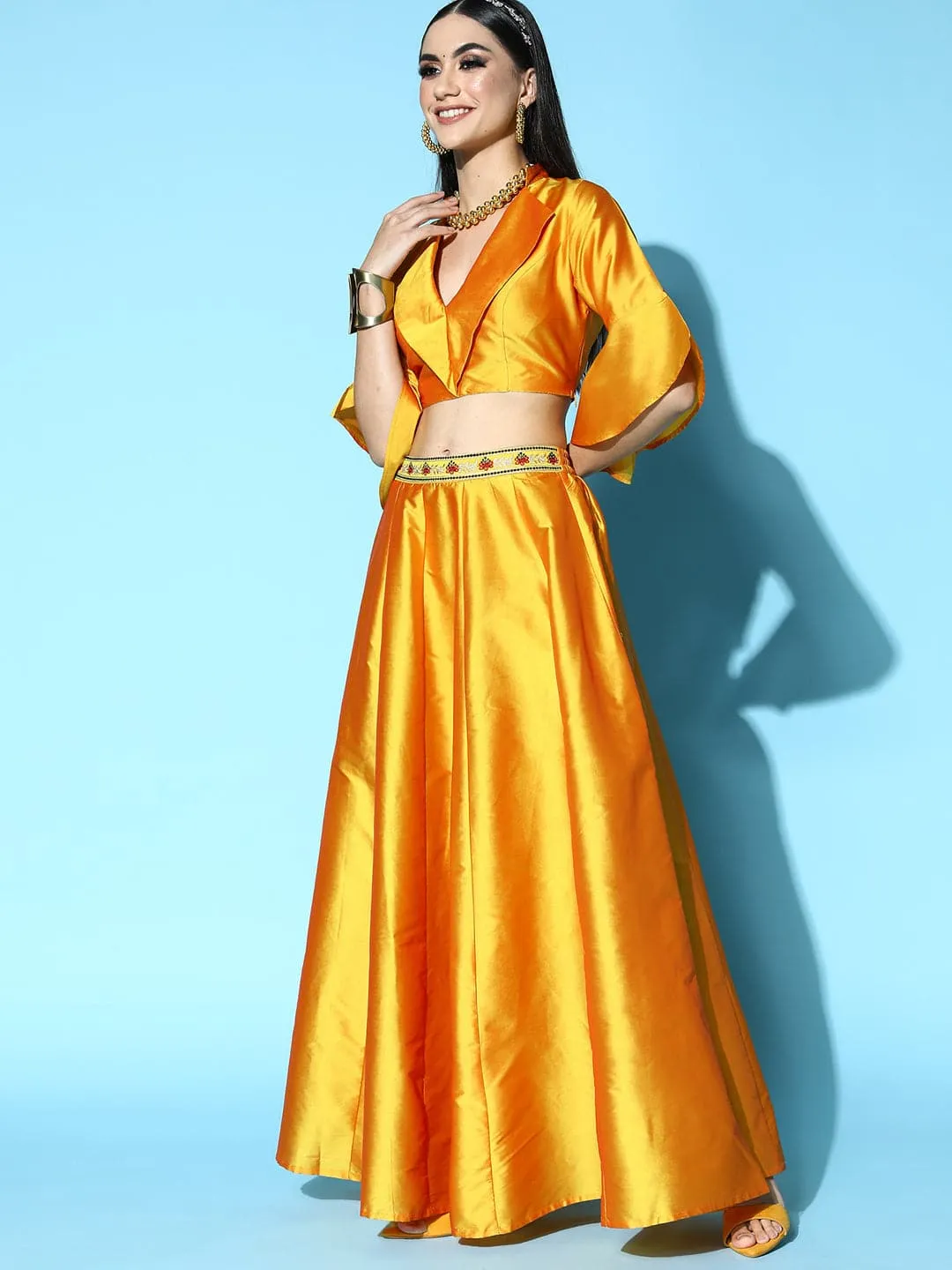 Women Mustard Notched Crop Top With Anarkali Skirt