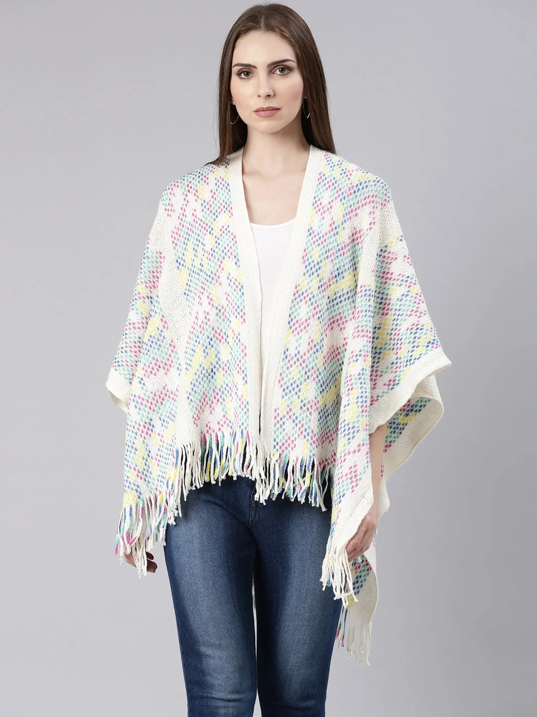 Women Off White Self Design Poncho