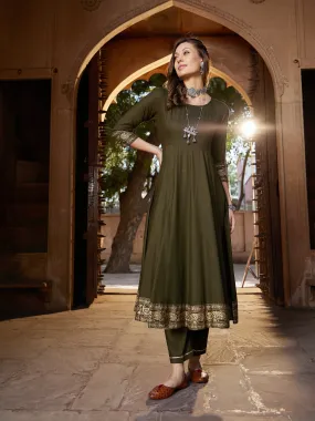 Women Olive Floral Foil Border Anarkali Kurta With Pants