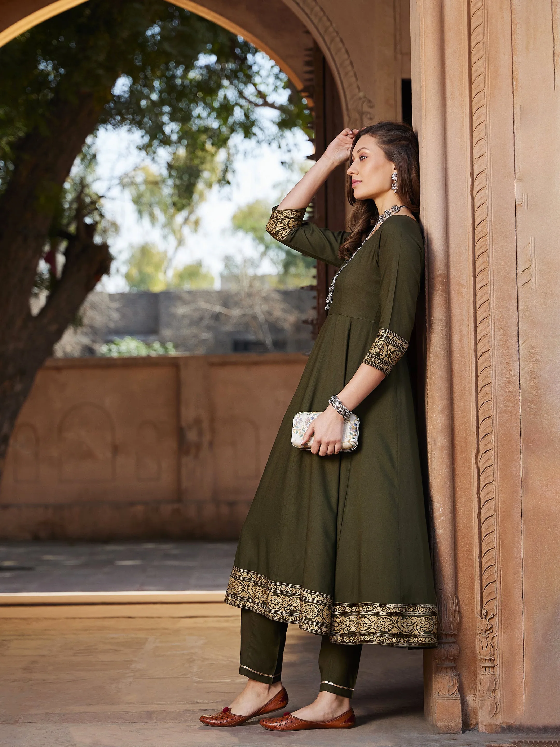 Women Olive Floral Foil Border Anarkali Kurta With Pants