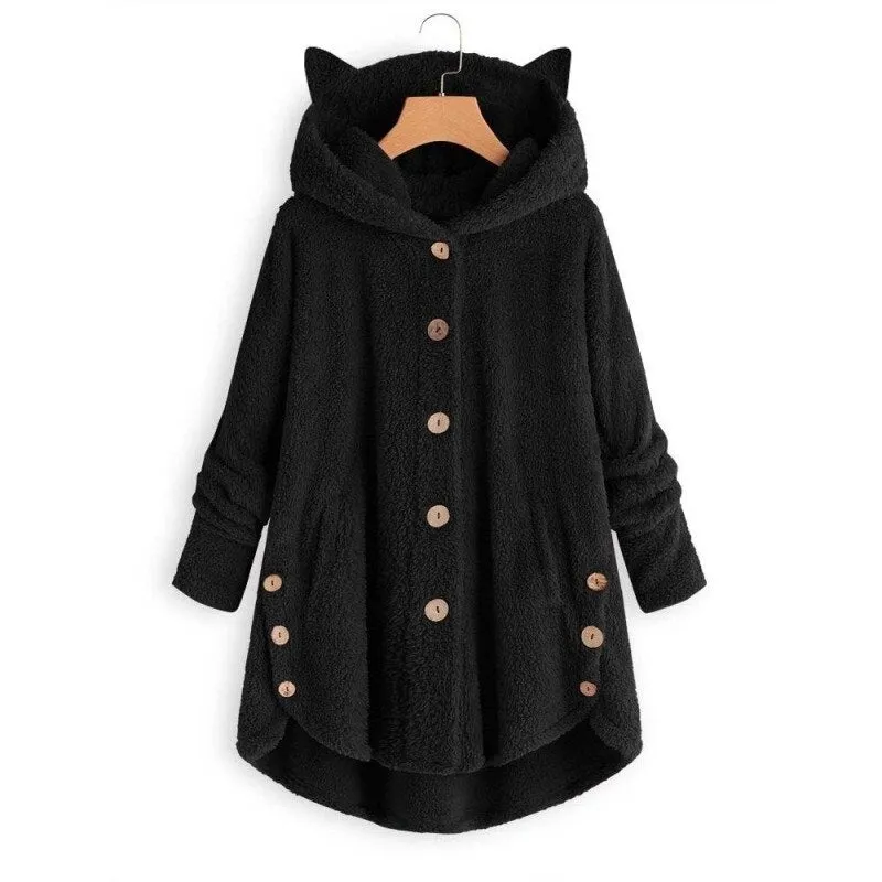 Women Plush Hoodies Sweatshirt Harajuku Irregular Hem Fluffy Woman Fleece Coat Kawaii Cat Ear Buttons Solid Female Teddy Coat