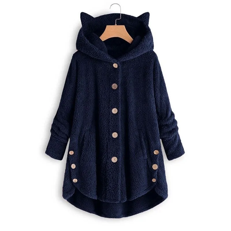 Women Plush Hoodies Sweatshirt Harajuku Irregular Hem Fluffy Woman Fleece Coat Kawaii Cat Ear Buttons Solid Female Teddy Coat