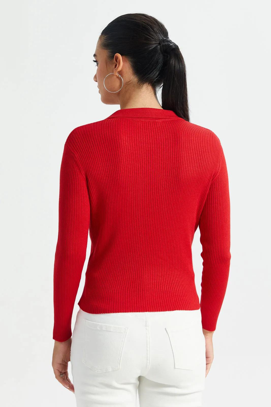 Women Red Collared Long Sleeves Pullover