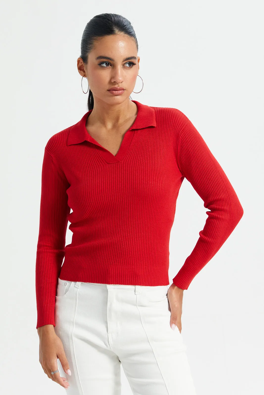 Women Red Collared Long Sleeves Pullover