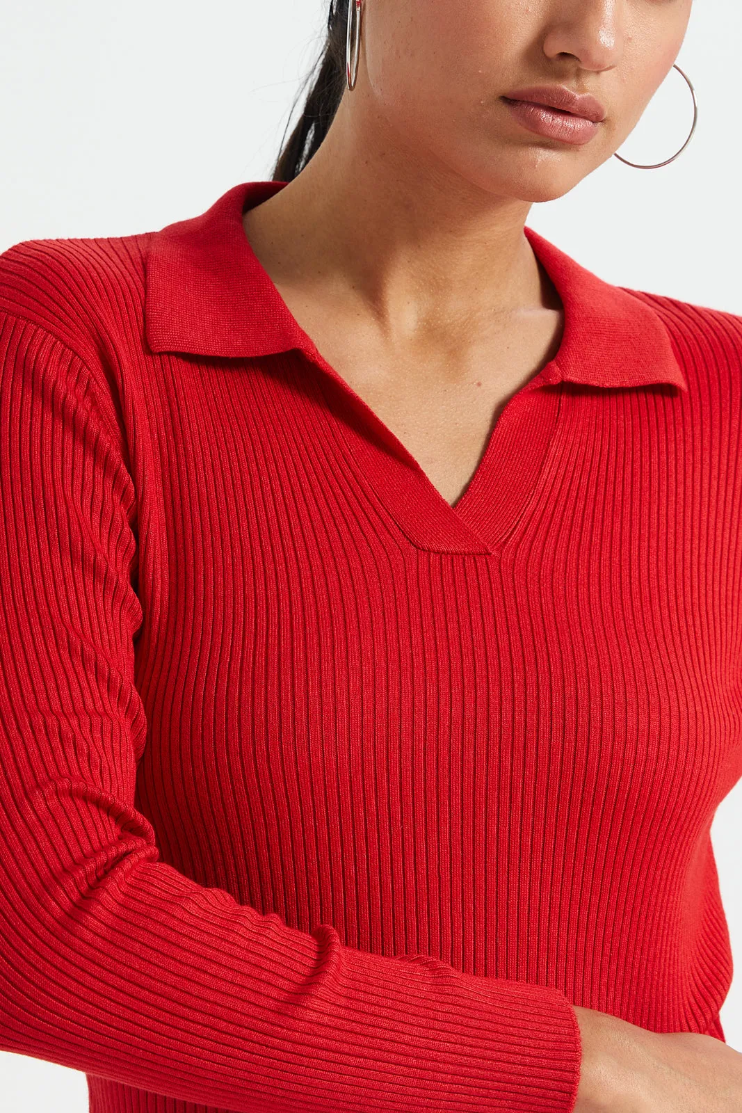 Women Red Collared Long Sleeves Pullover