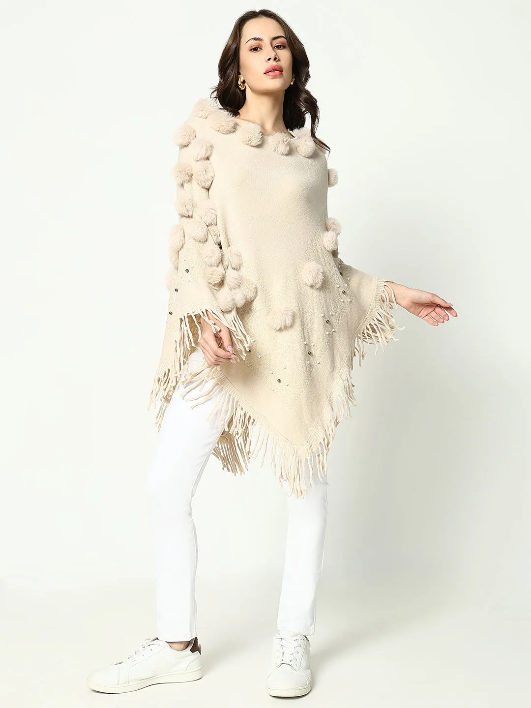 Women Solid Cream Longline Poncho