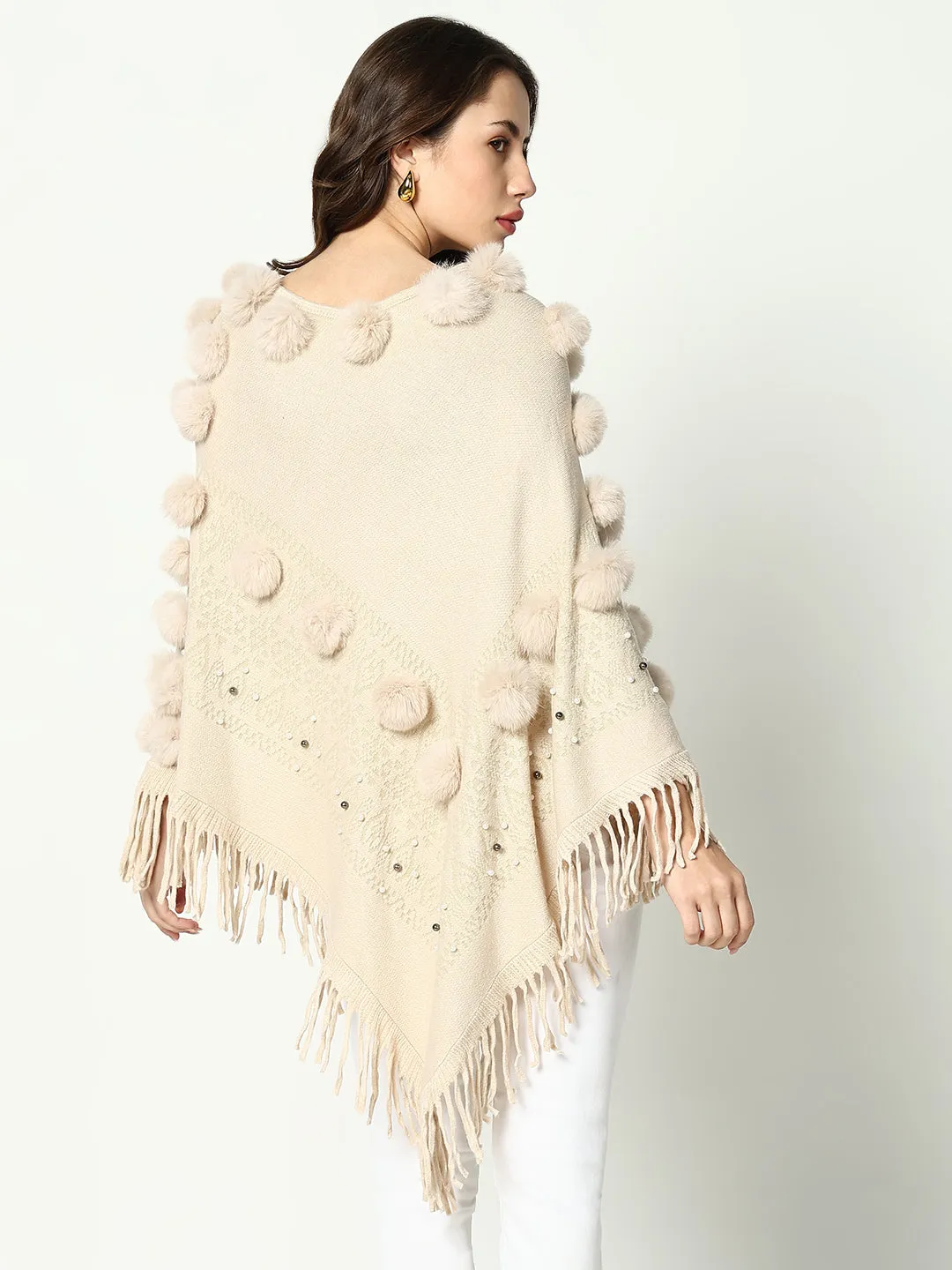 Women Solid Cream Longline Poncho