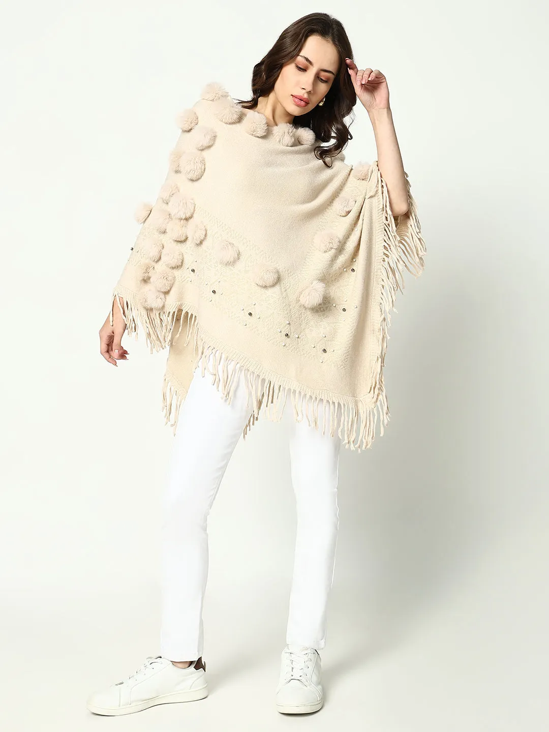 Women Solid Cream Longline Poncho