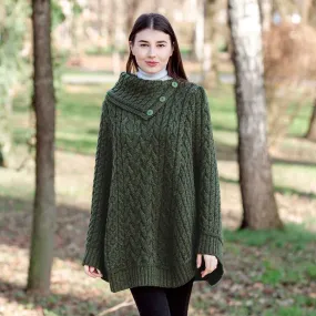 Women's Cowl Neck Button Poncho, Army Green