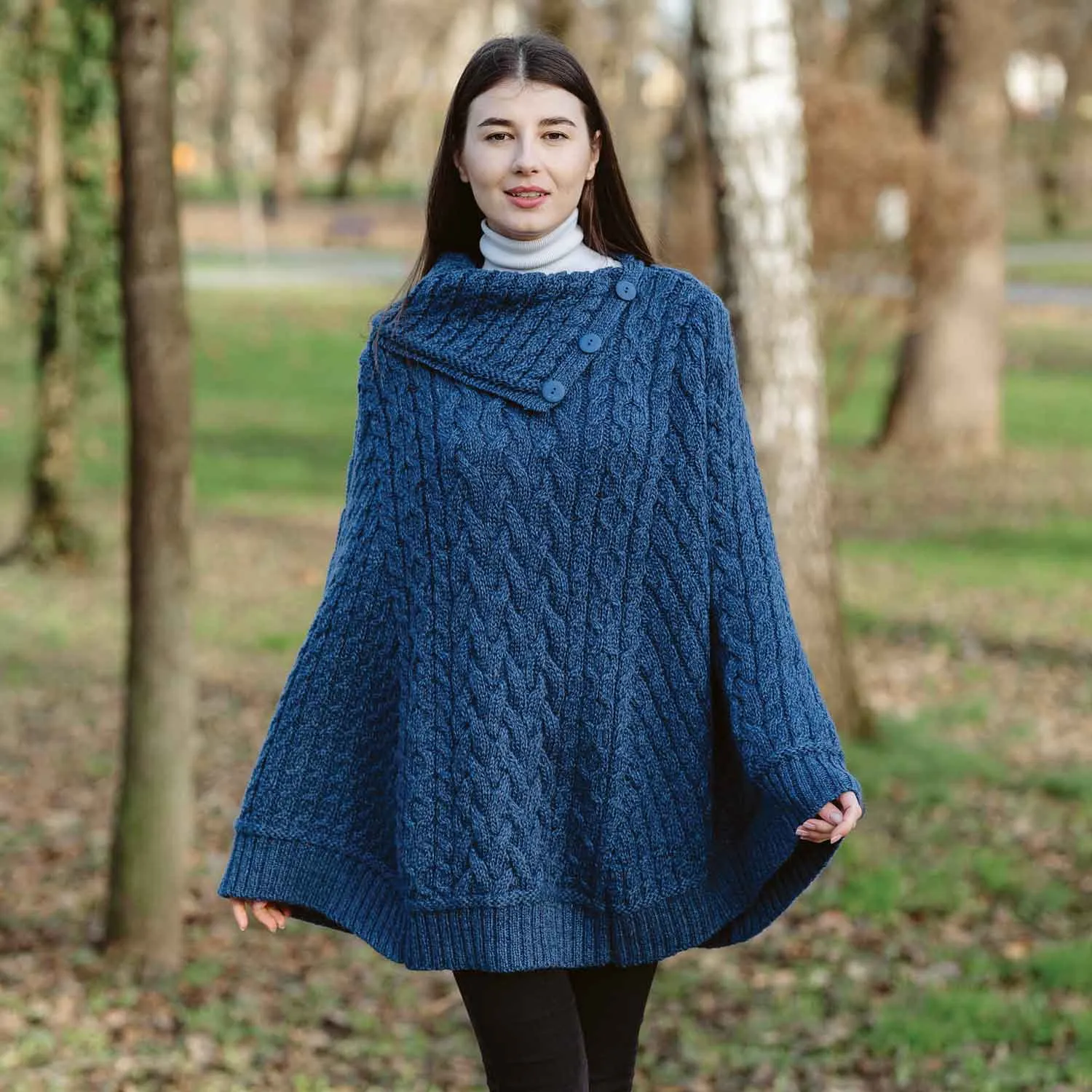 Women's Cowl Neck Button Poncho, Marl Blue