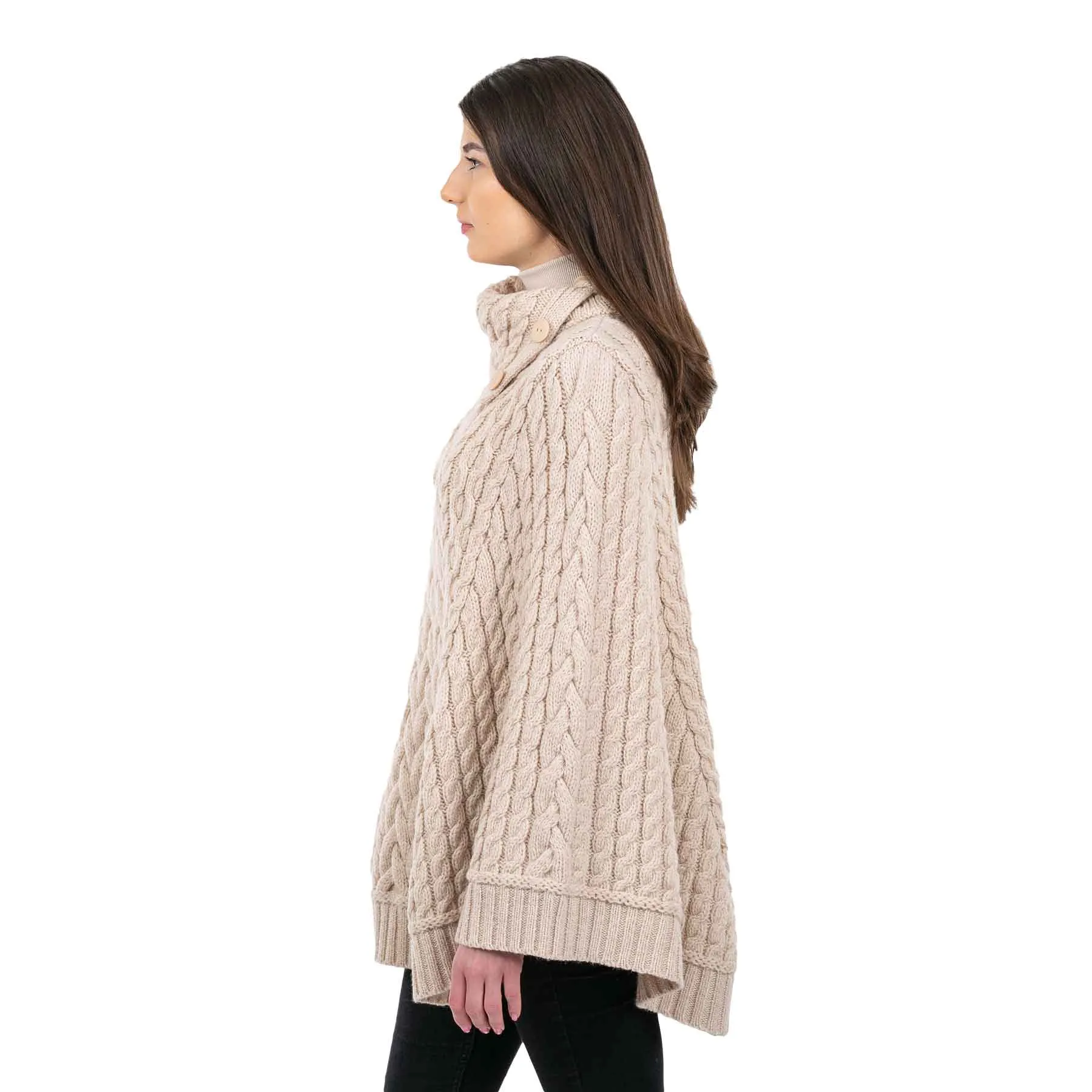 Women's Cowl Neck Button Poncho, Parsnip