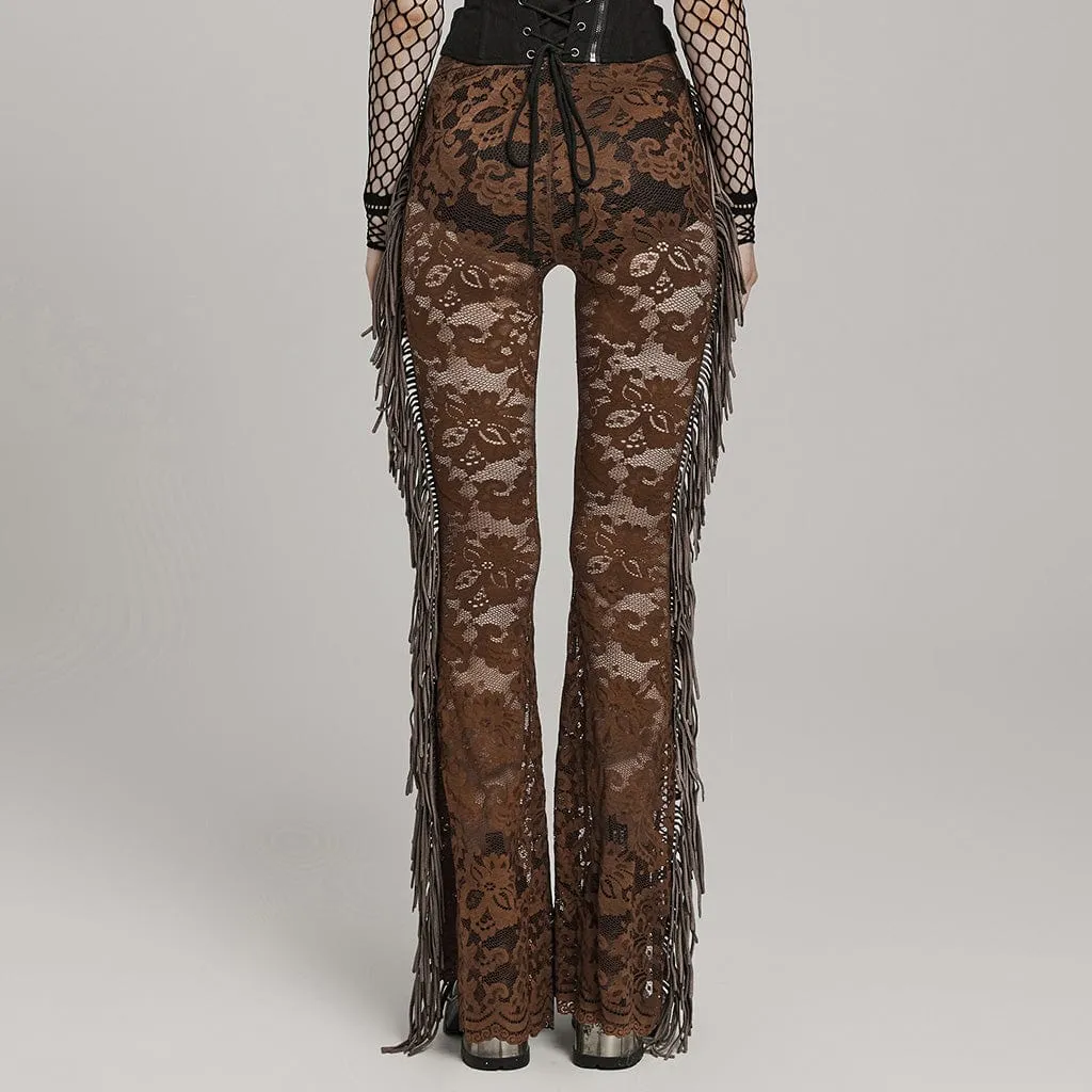 Women's Gothic Lace Tassels Flared Pants Coffee