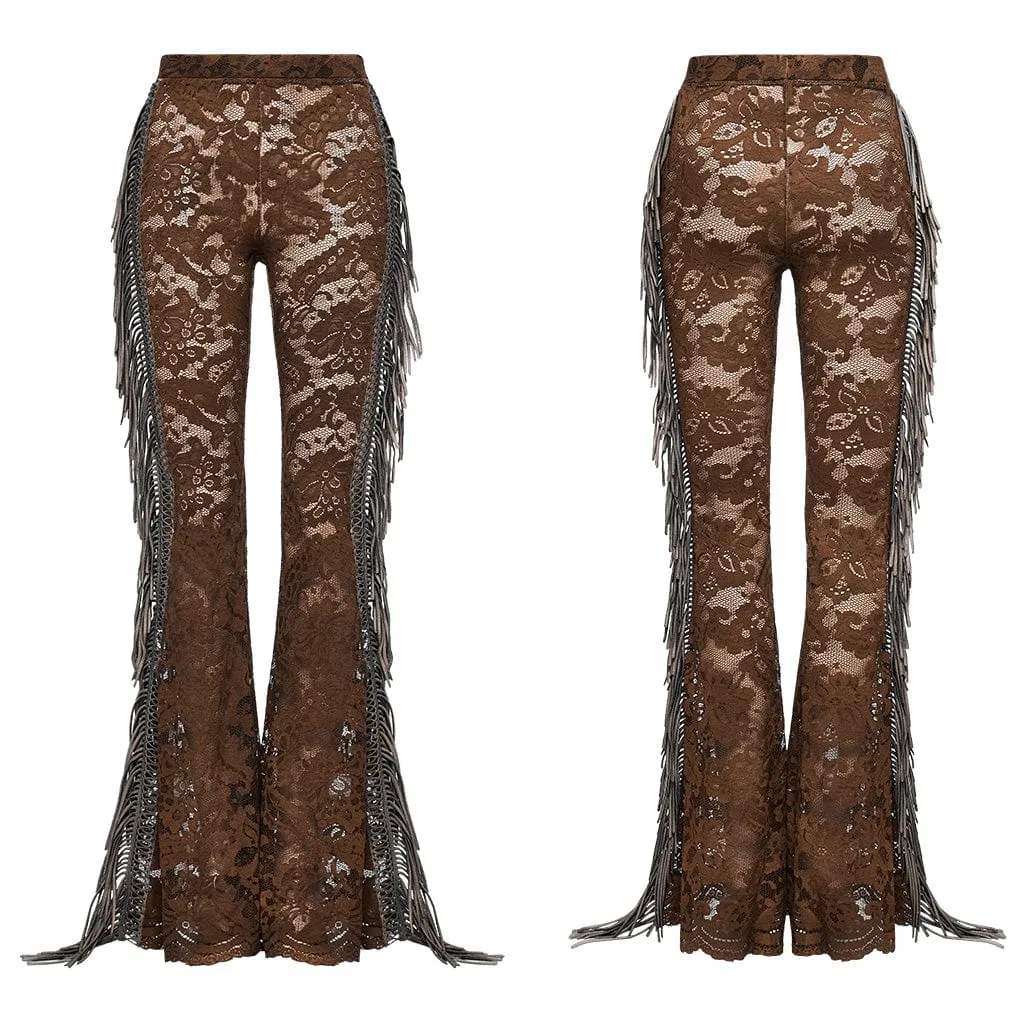 Women's Gothic Lace Tassels Flared Pants Coffee