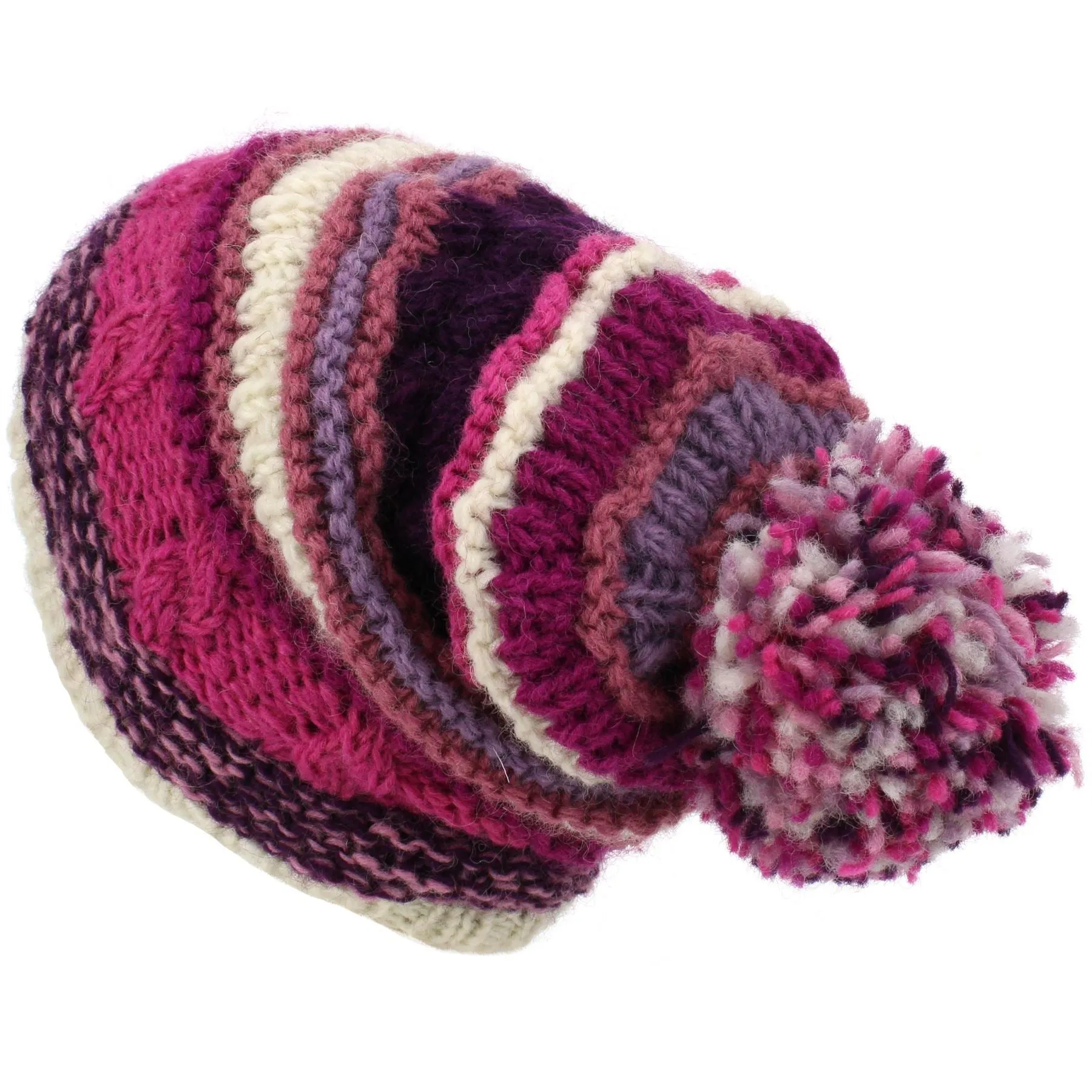 Wool Knit Bobble Beanie Hat - Stripe Pink