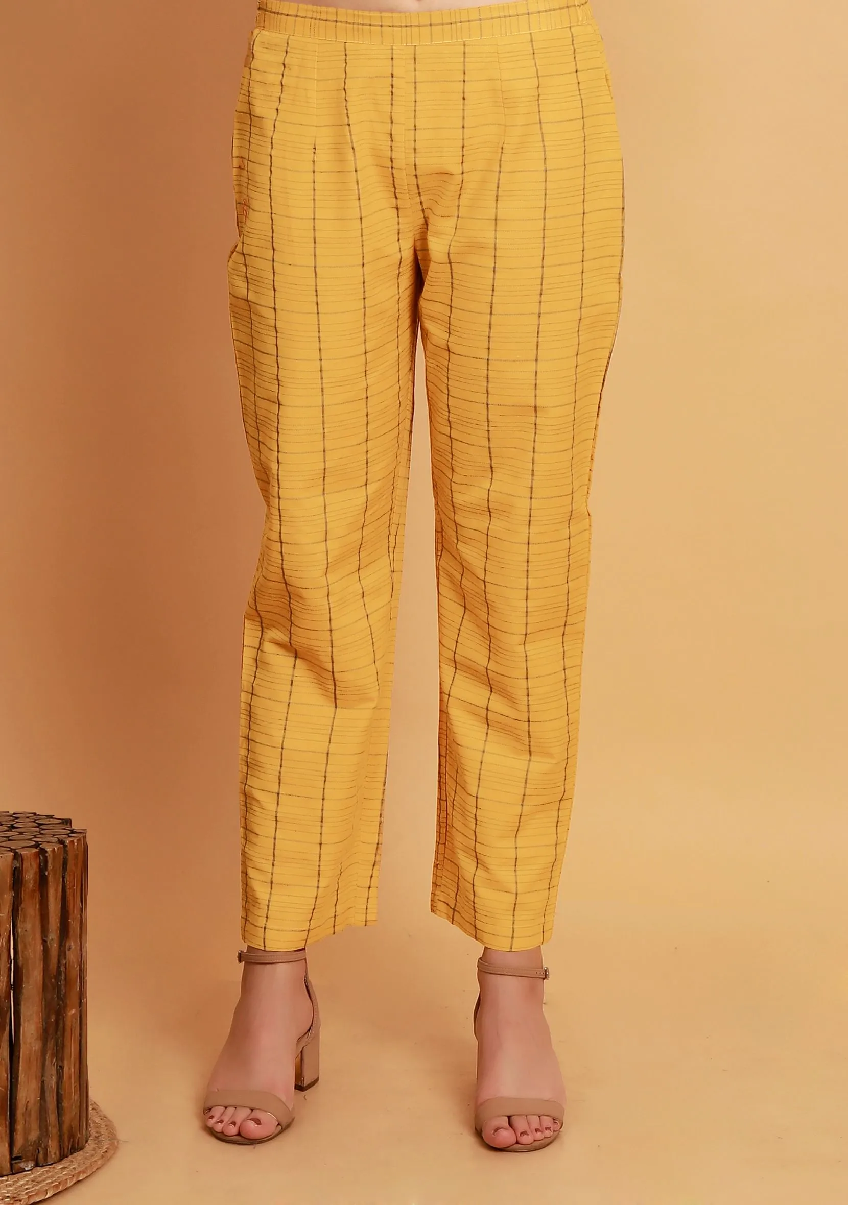 Yellow Checks Straight Woven Pants