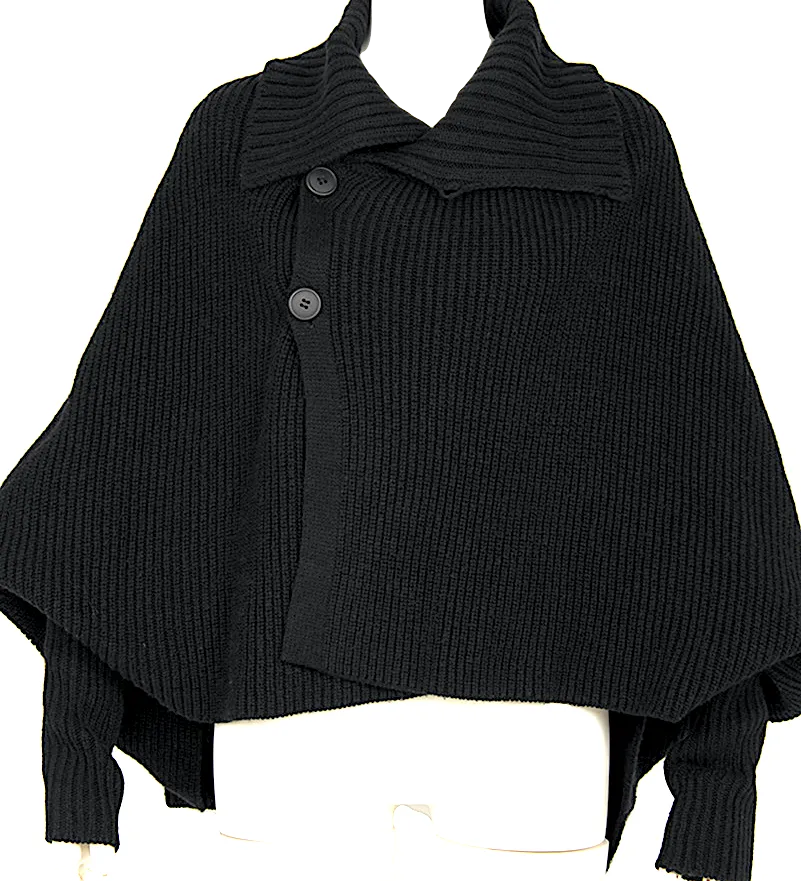 YOHJI YAMAMOTO JAPAN. Y's  RISMAT by Y's. Black Ribbed Knit Poncho Cardigan