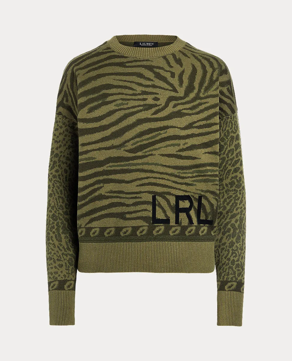 Zebra-Motif Cotton Sweater In Green Multi